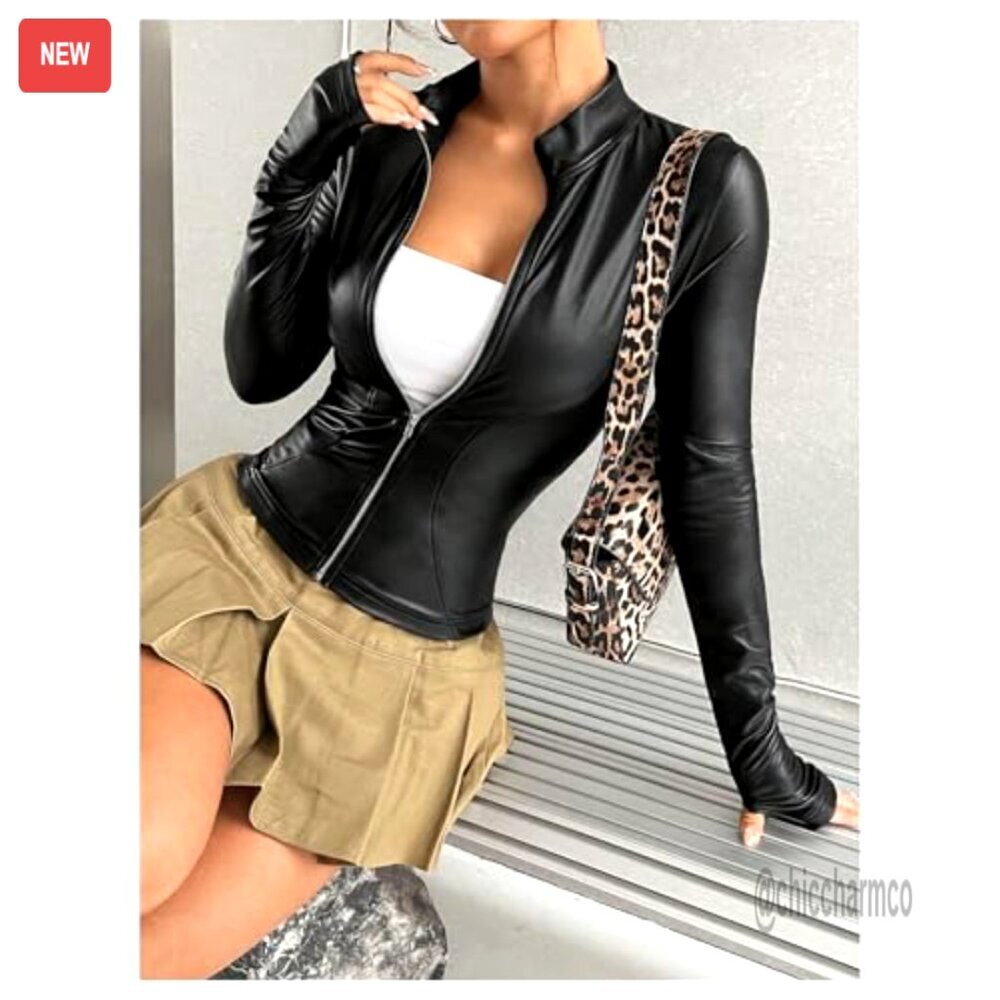 Faux Leather Jacket with Fleece Lining, Mock Neck, Zip Front, Slim Fit - Picture 5 of 5